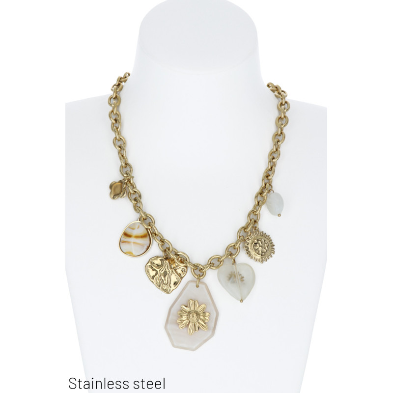 COLLIER ACIER, BRELOQUE, PEND. RÉSINE, COEUR, SOLE