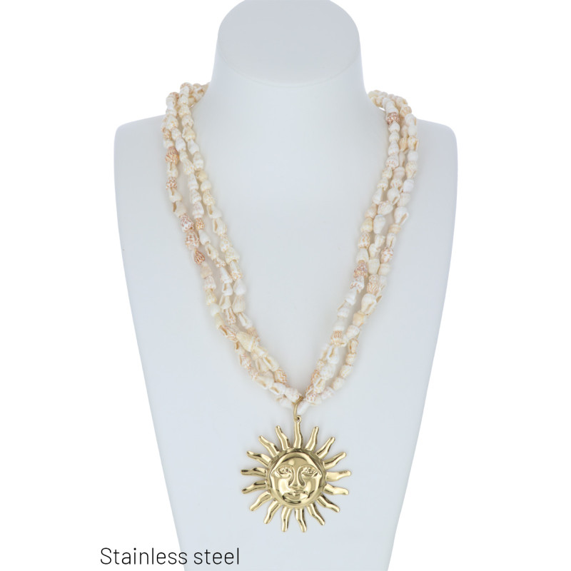 3 ROWS SHELLS NECKLACE WITH STEEL SUN PENDANT