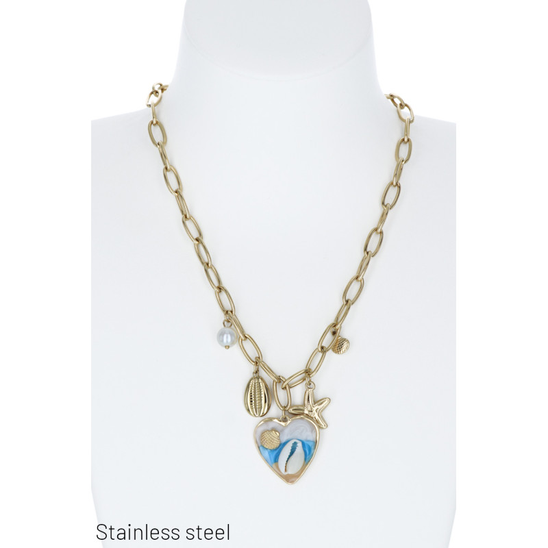 COLLIER EN ACIER AVEC PERLES, COQUILLAGE, HEART