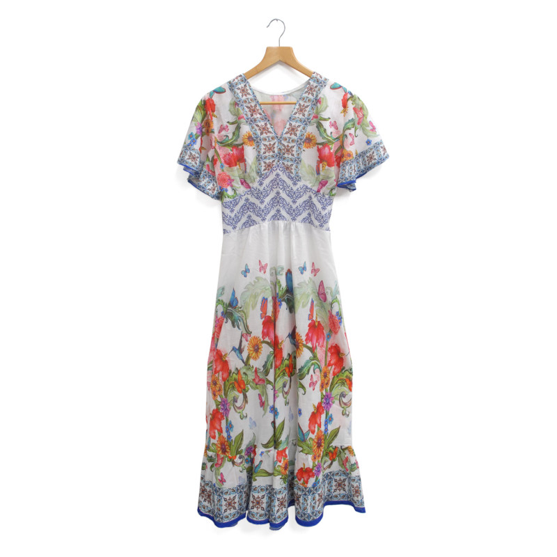 VESTIDO LARGO ESTAMPADO FLORES, HOJAS, MARIPOSAS