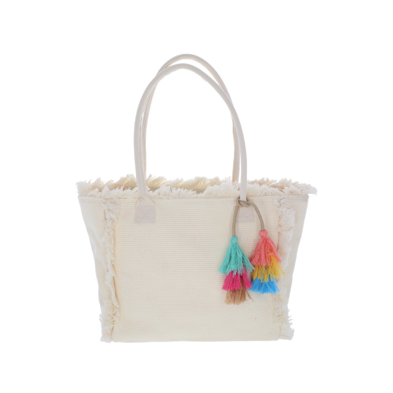 CABAS EN COTON, COULEUR UNIE, FRANGES & POMPONS