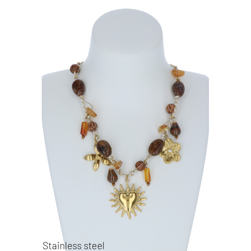 COLLIER ACIER, PENDENTIF PIERRE RESINE ET CHARMS