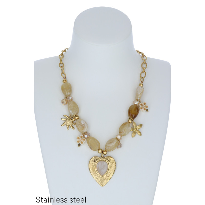 COLLIER ACIER, BRELOQ., COEUR, SOLEIL, ÉTOILES, FL