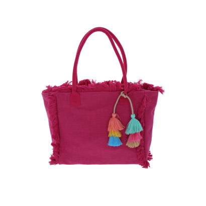 CABAS EN COTON, COULEUR UNIE, FRANGES & POMPONS