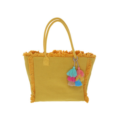CABAS EN COTON, COULEUR UNIE, FRANGES & POMPONS