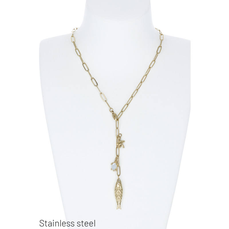 COLLIER MAILLON ACIER, POISSON, ÉTOILE MER, STRASS