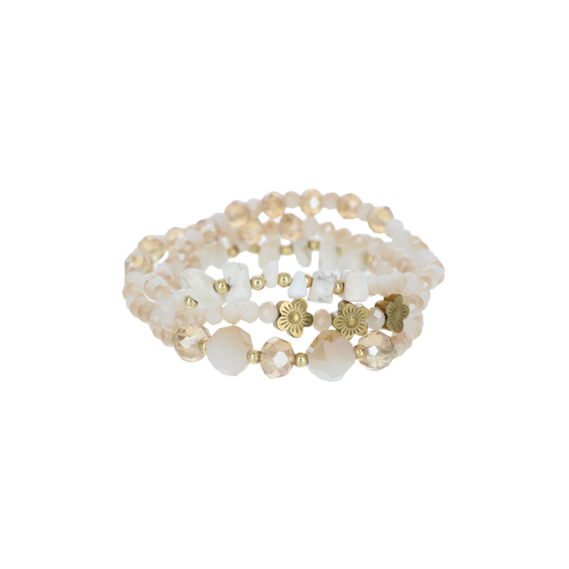 BRACELET ELAST. 3 RANGEES, PERLES À FACETTES, FLEU