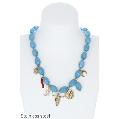 COLLIER MULTI PERLES, BRELOQUES, SOLEIL, CRANE BUF
