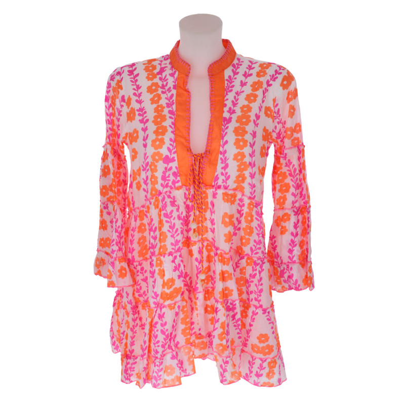 COTTON TUNIC PRINTED FLOWERS WITH KNOTLACE