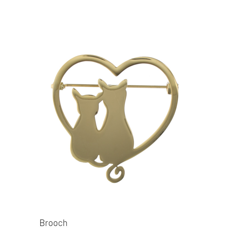 STAAL BROCHE MET 2 KATTEN IN HARTVORM