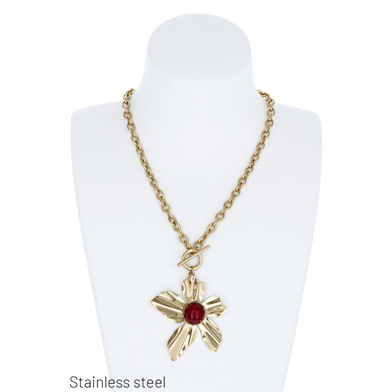 COLLIER GROS MAILLONS ACIER, FERMETURE AVANT, FLEU