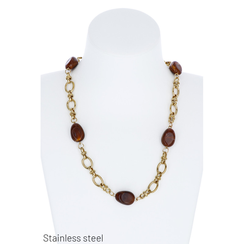 COLLIER Ú GROS MAILLONS ACIER ET PERLES EN RESINE