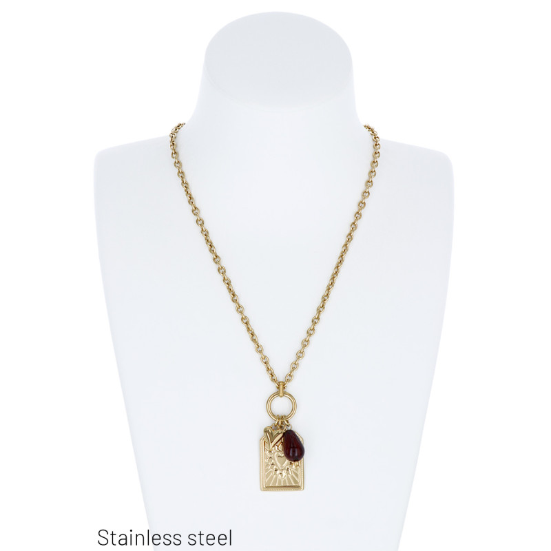 COLLIER ACIER, BRELOQUE, PEND. RÉSINE, COEUR, STRA