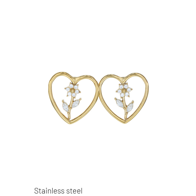 STEEL EARRING HEART SHAPE WITH FLOWER AND STRASS
