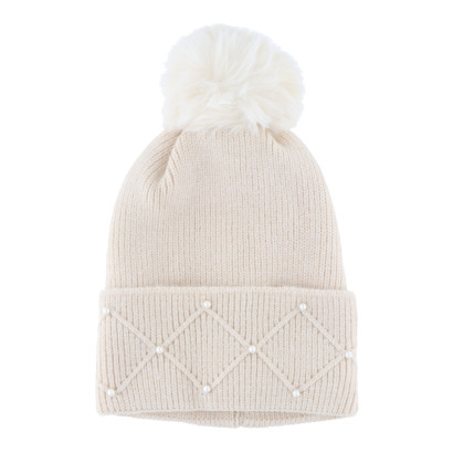 GORRO DE PUNTO CON VUELTA,POMPÛN Y PERLAS