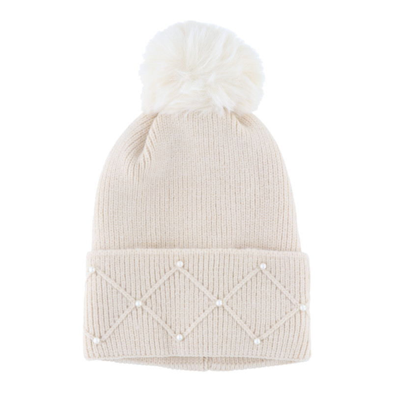 GORRO DE PUNTO CON VUELTA,POMPÛN Y PERLAS
