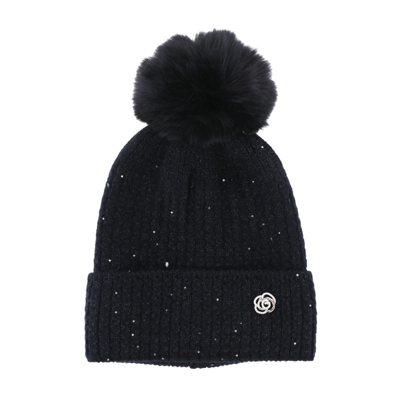 GORRO DE PUNTO CON VUELTA, LUREX Y FLORES