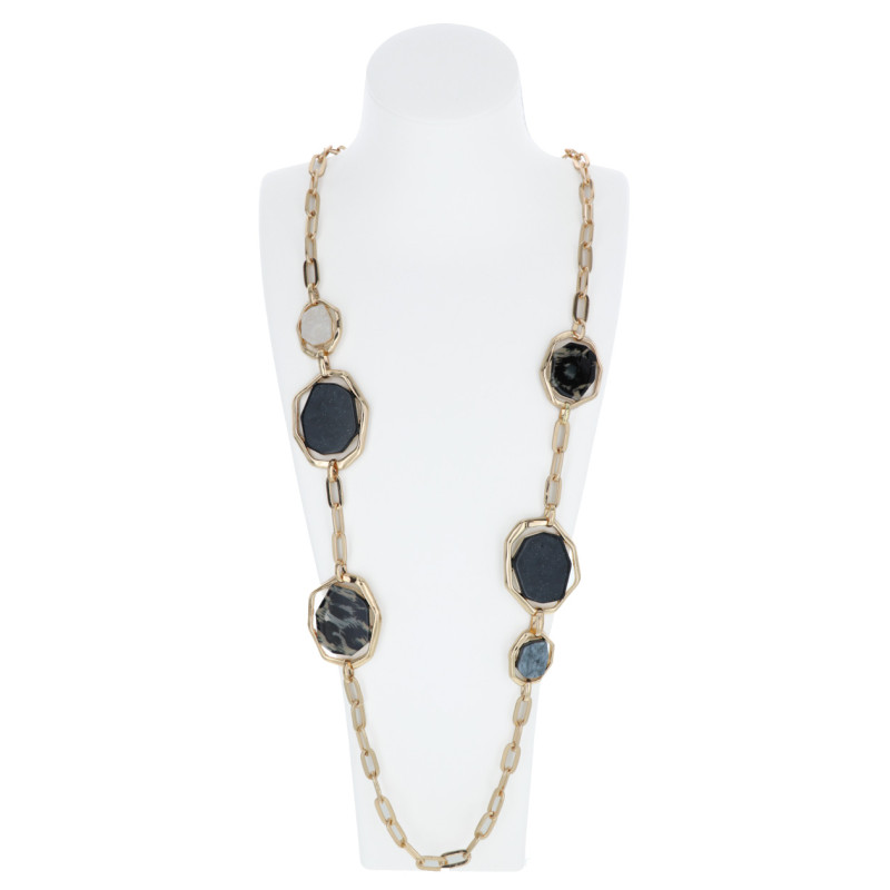 LONG NECKLACE WITH OVAL RESIN ANIMAL PRINT
