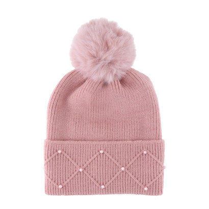 GORRO DE PUNTO CON VUELTA,POMPÛN Y PERLAS