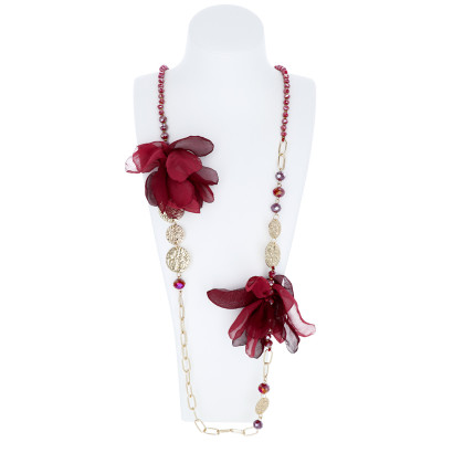 NECKLACE WITH PEARLS & FLOWERS WITH RHINESTONES