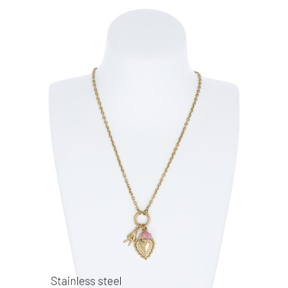 COLLIER ACIER, PENDENTIF PIERRE RESINE ET CHARMS