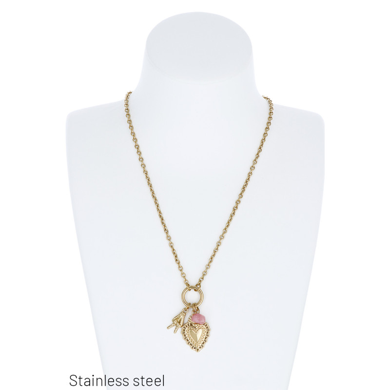 COLLIER ACIER, PENDENTIF PIERRE RESINE ET CHARMS