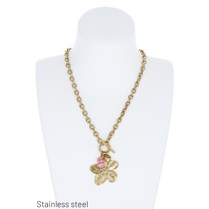 STAAL HALSKETTING MET BLOEMEN EN HARTEN HANGER