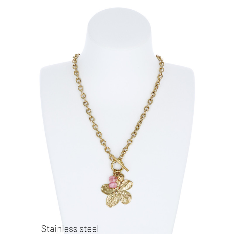 STAAL HALSKETTING MET BLOEMEN EN HARTEN HANGER