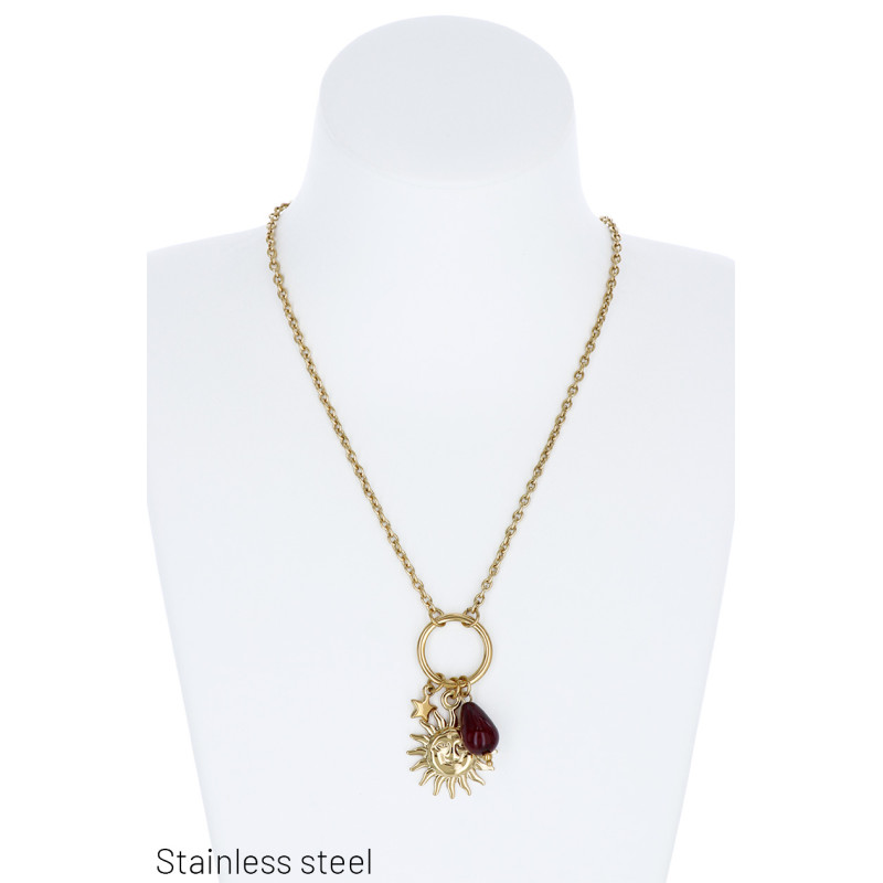 COLLIER ACIER MAILLON, ÉTOILE, COEUR, PIERRE PEND