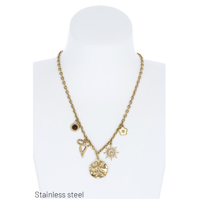 COLLIER ACIER, BRELOQUE, NOEUD, SOLEIL, FLEUR
