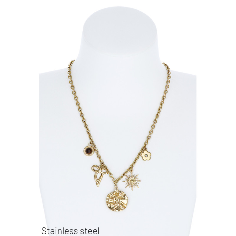 COLLIER ACIER, BRELOQUE, NOEUD, SOLEIL, FLEUR