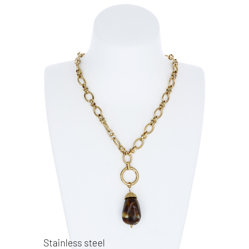 COLLIER Ú GROS MAILLONS ACIER ET PERLES EN RESINE