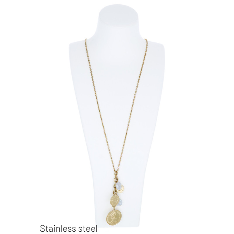 STEEL NECKLACE LONG WITH COINS AND PEARLS