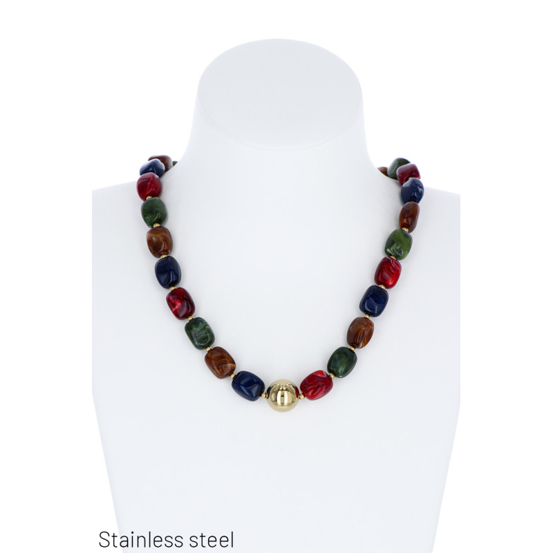 COLLIER  EN ACIER AVEC PERLES EN RESIN ET ACIER
