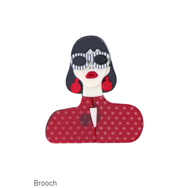 BROCHE AVEC DAME À LUNETTES, BOUCLES D'OREILLES