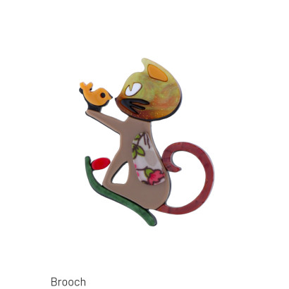 BROCHE AVEC CHAT ET OISEAU
