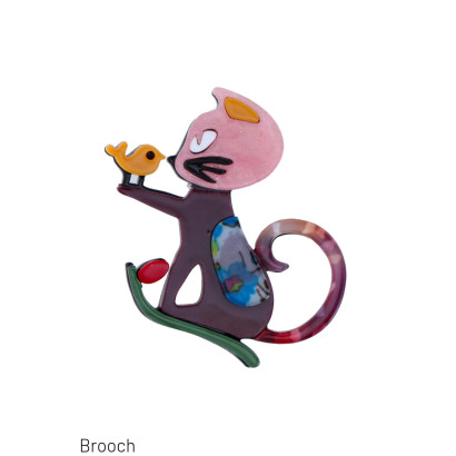 BROCHE AVEC CHAT ET OISEAU