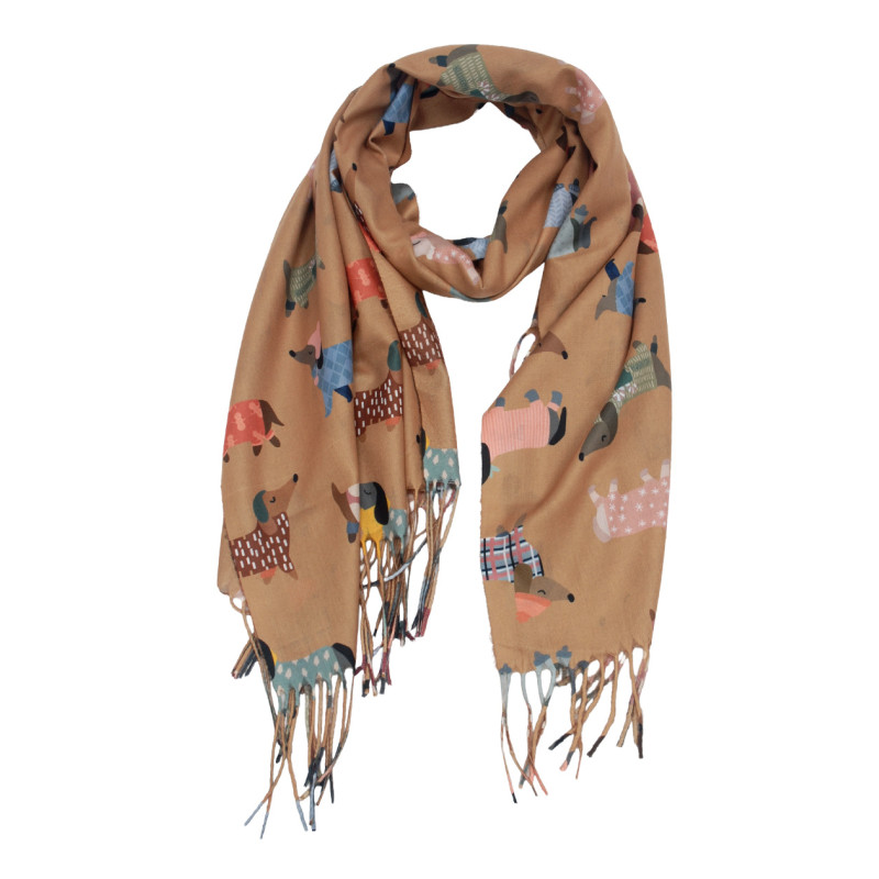 FOULARD AVEC IMPRIM CHIENS ET FRANGES