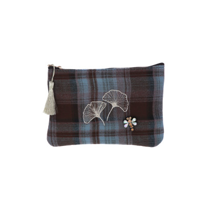 POCHETTE EN COTON IMPRIMES CARREAUX, FLEUR BRODEE