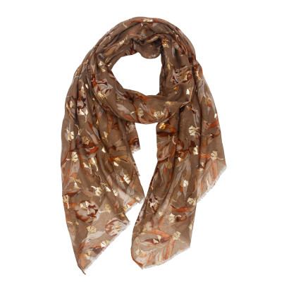 SCARF WITH LEAVES PATTERN, METALLIC PRINT