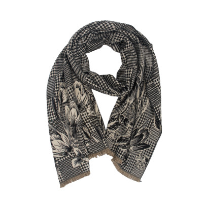 WOVEN SCARF WITH FLOWER AND HOUNDSTOOTH PATTERN