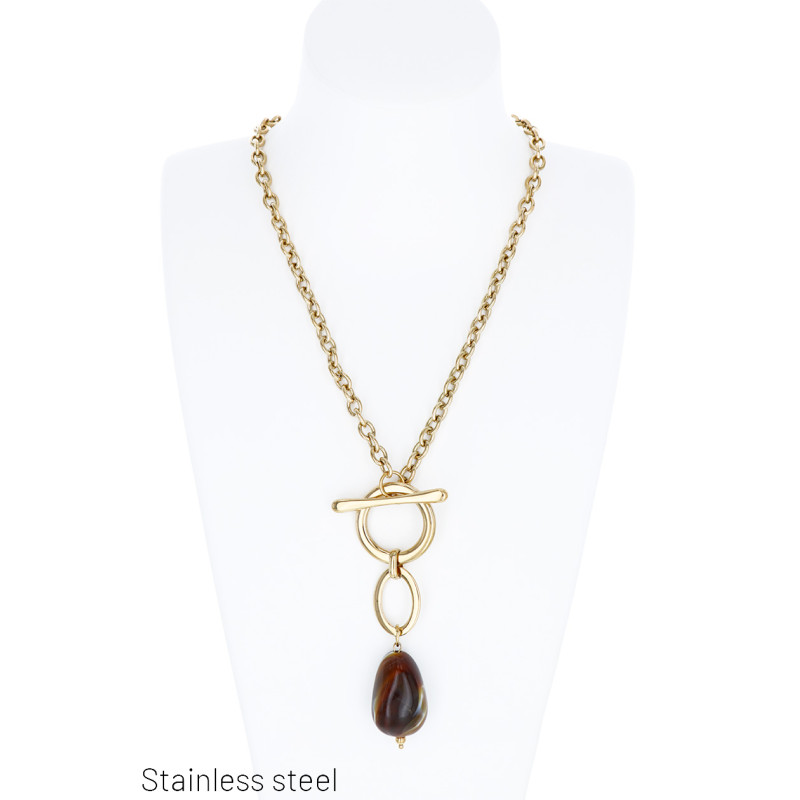 COLLIER EN ACIER AVEC ANNEAU PENDENTIF ET PIERRE
