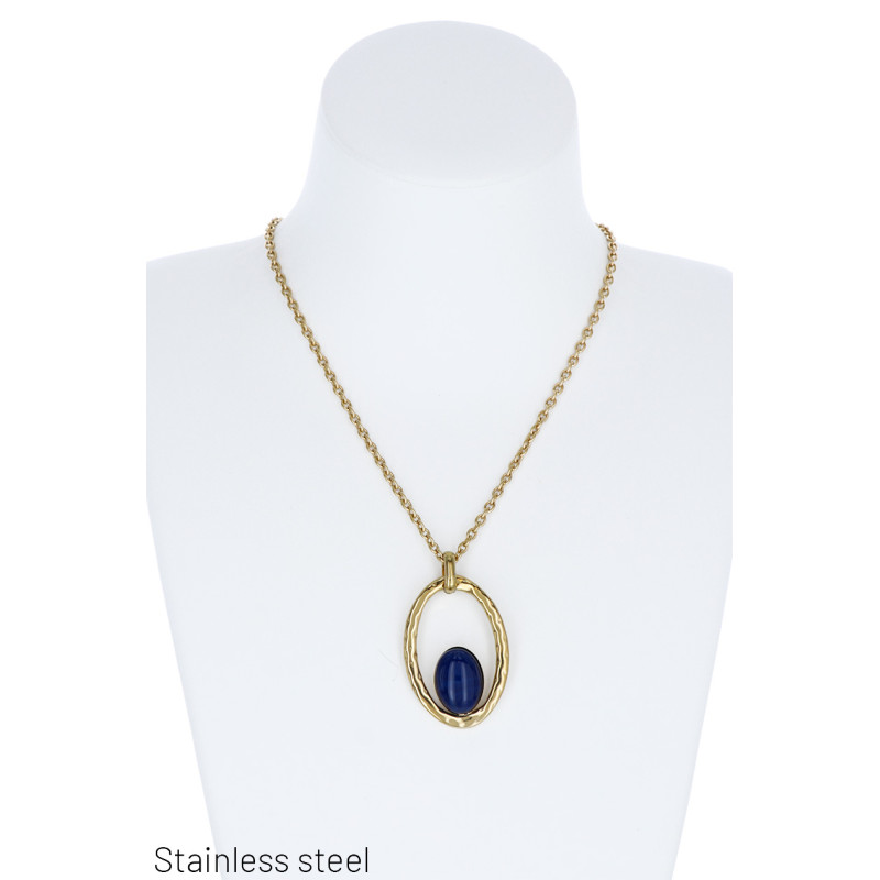 COLLIER EN ACIER AVEC PEND. METALLI., PIERRE OVALE