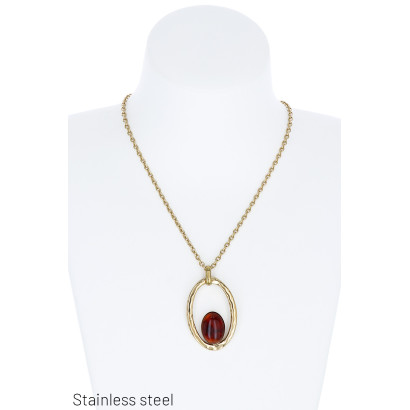 COLLIER EN ACIER AVEC PEND. METALLI., PIERRE OVALE