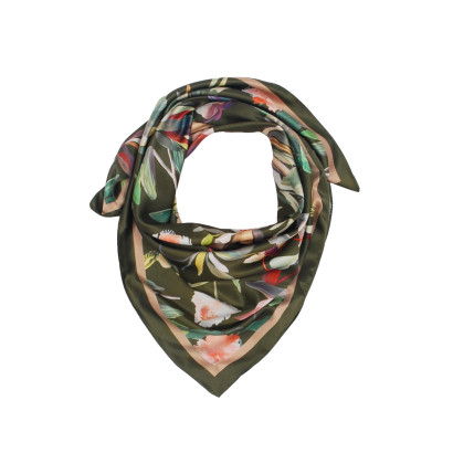 SQUARE POLYSILK SCARF WITH FLOWERS PATTERN