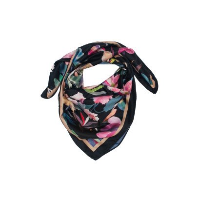 SQUARE POLYSILK SCARF WITH FLOWERS PATTERN