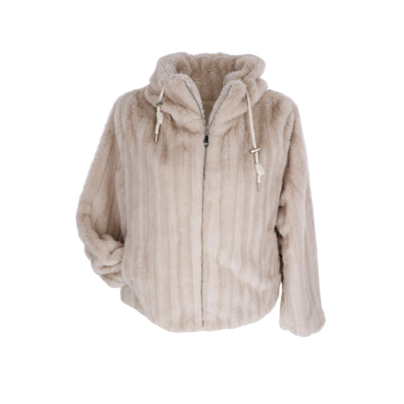 FAKE FUR JACKET IN 2 TONES WITH CAP AND POCKETS
