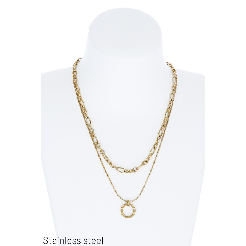 2 ROWS STAINL.STEEL NECKLACE WITH ROUND PENDANT