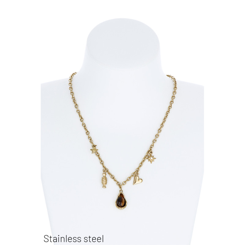 STAAL HALSKETTING MET DRUPPEL HANGER&GEKLEUDE STEN