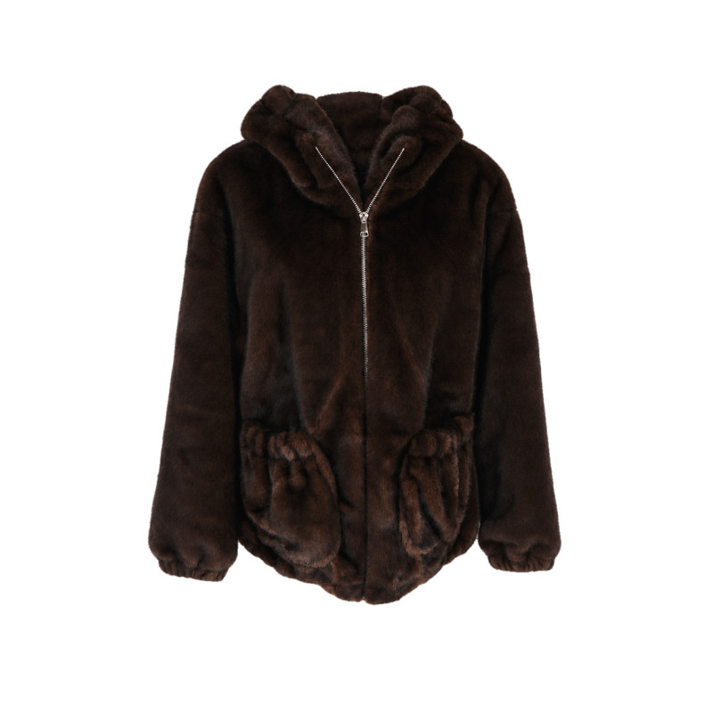 VESTE EN FAUSSE FOURRURE AVEC CAPUCHON ET POCHES
